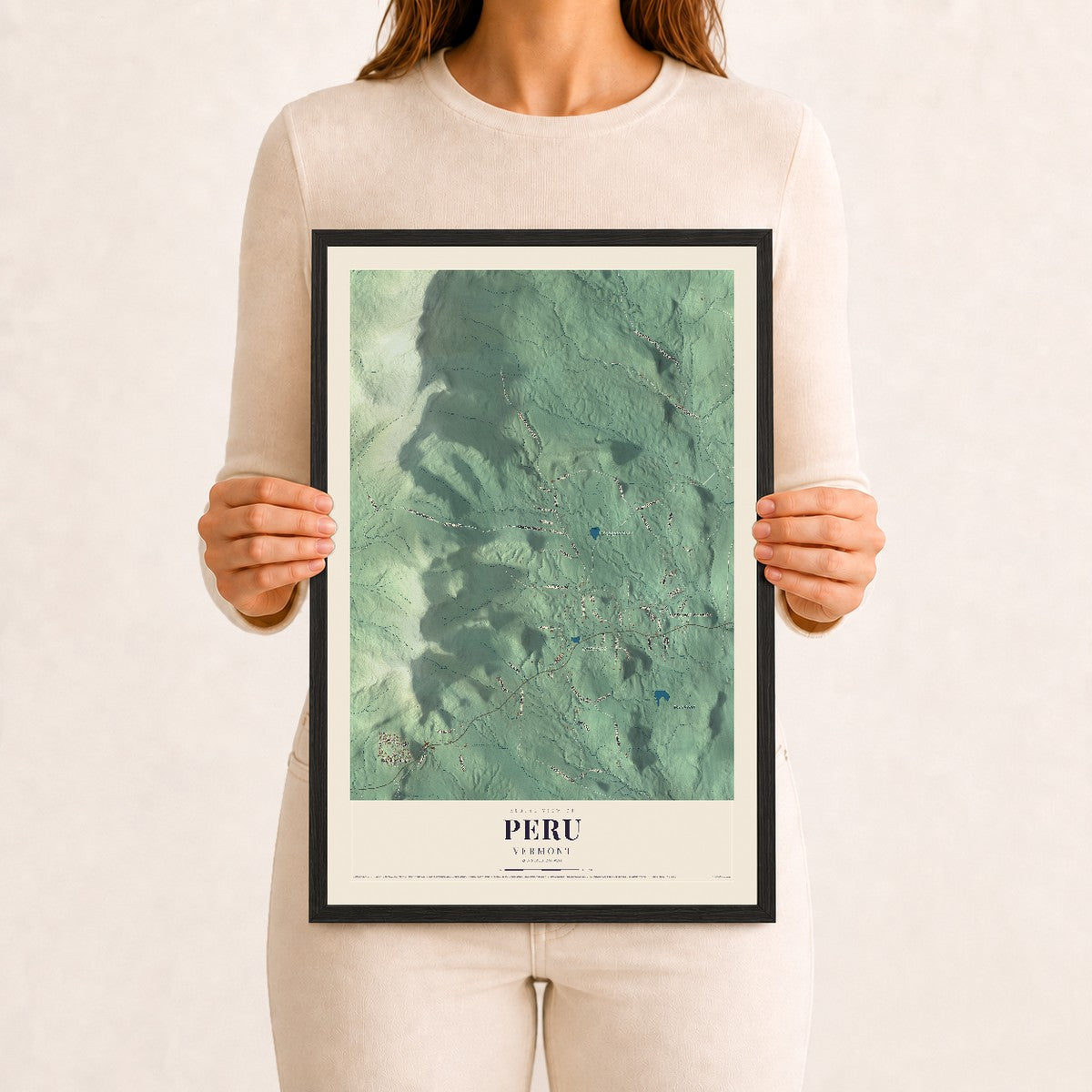 Peru, Vermont map print - 12 x 18 black Ayous wood frame