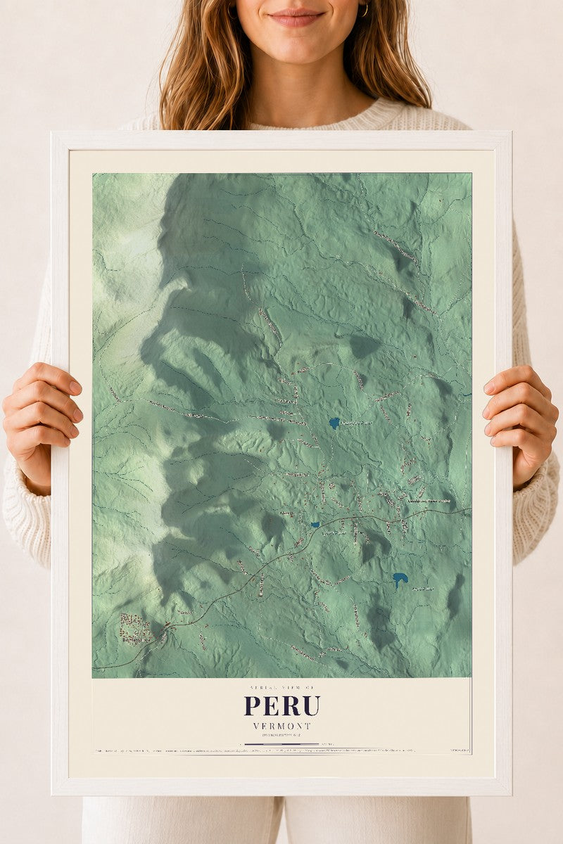 Peru, Vermont map print - 18 x 24 white Ayous wood frame