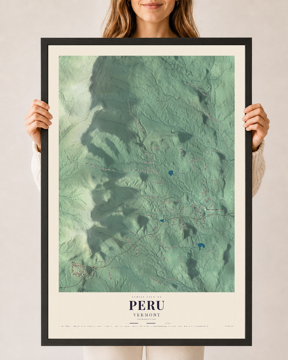 Peru, Vermont map print - 24 x 36 black Ayous wood frame