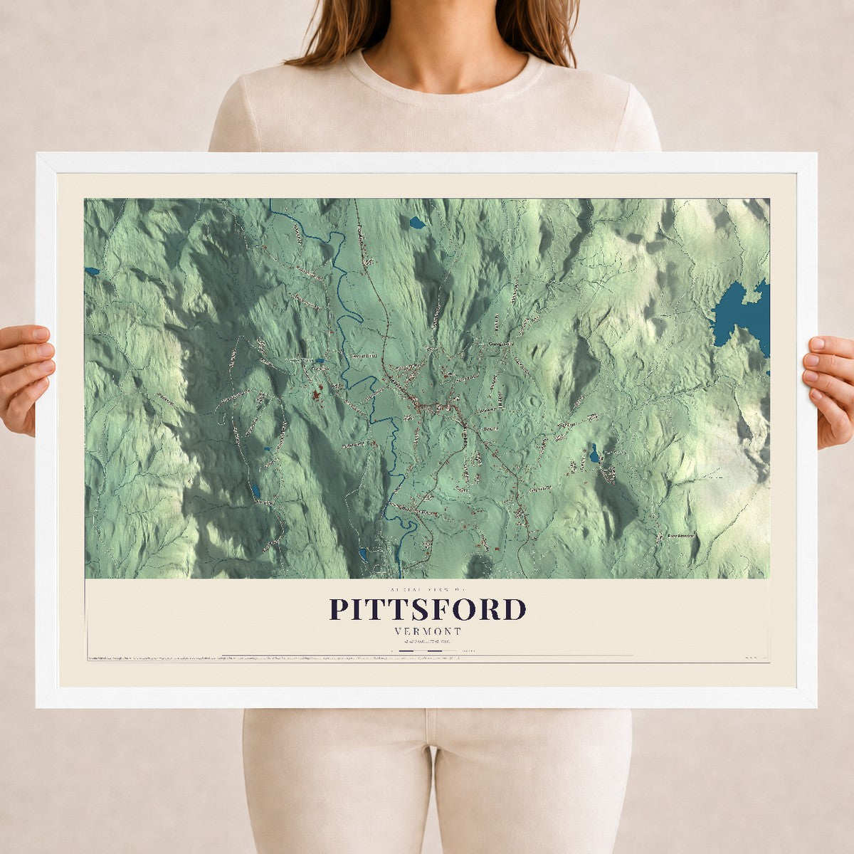 Map of Pittsford, Vermont, 18 x 24 inch print in a white wood frame
