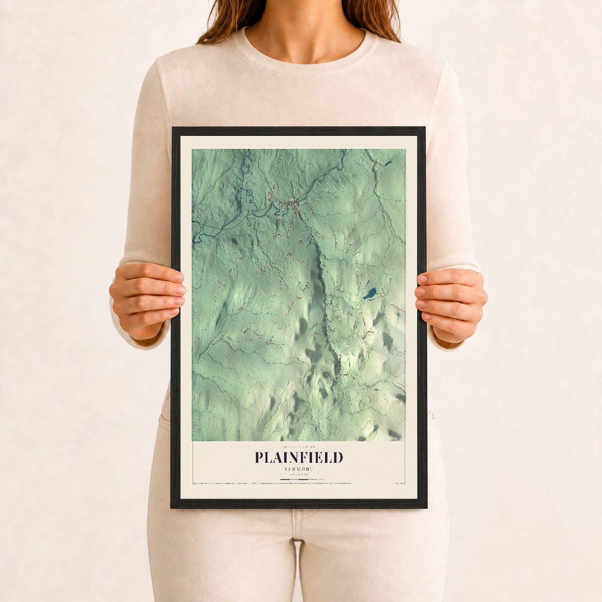 Plainfield, Vermont map print - 12 x 18 black Ayous wood frame
