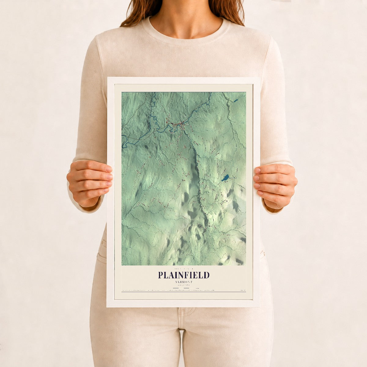 Plainfield, Vermont map print - 12 x 18 white Ayous wood frame