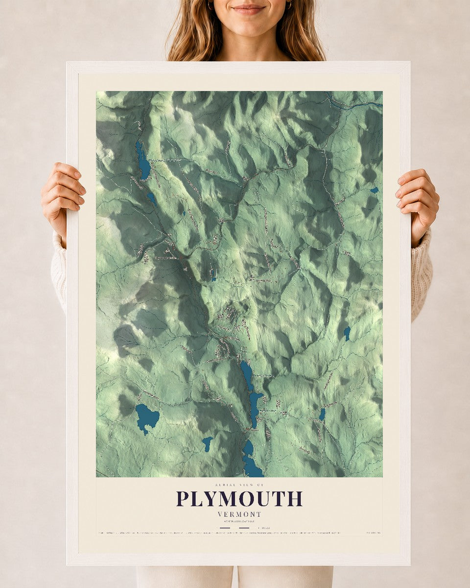 Plymouth, Vermont map print - 24 x 36 white Ayous wood frame