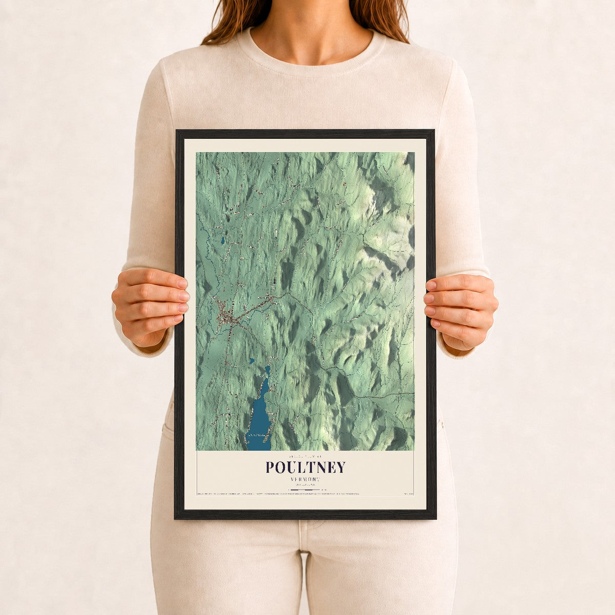Poultney, Vermont map print - 12 x 18 black Ayous wood frame