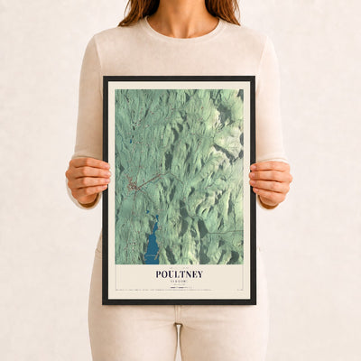 Poultney, Vermont map print - 12 x 18 black Ayous wood frame