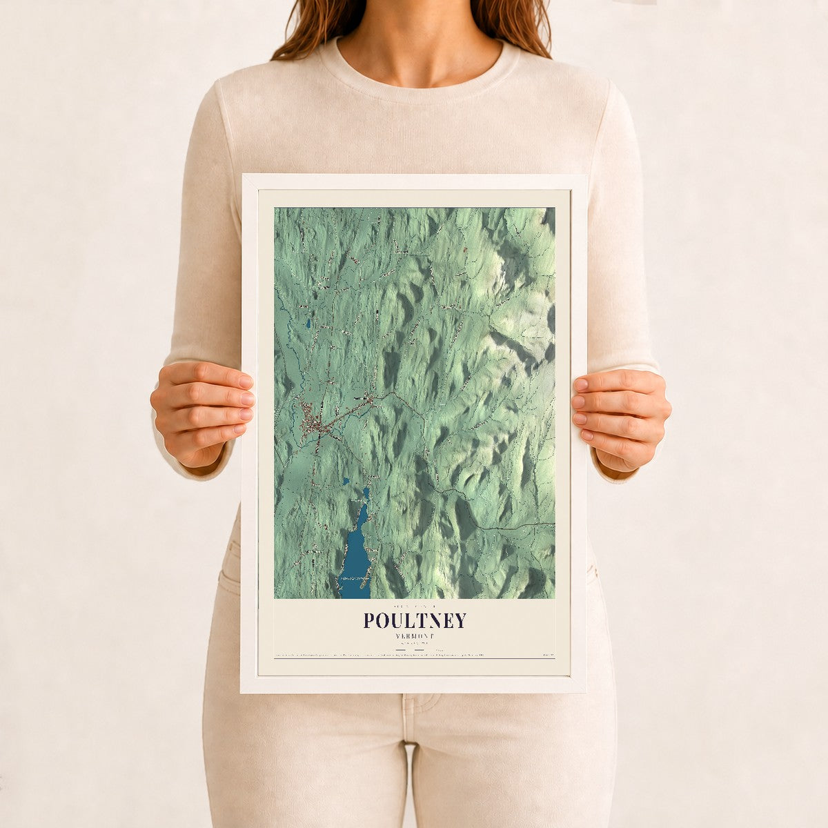 Poultney, Vermont map print - 12 x 18 white Ayous wood frame