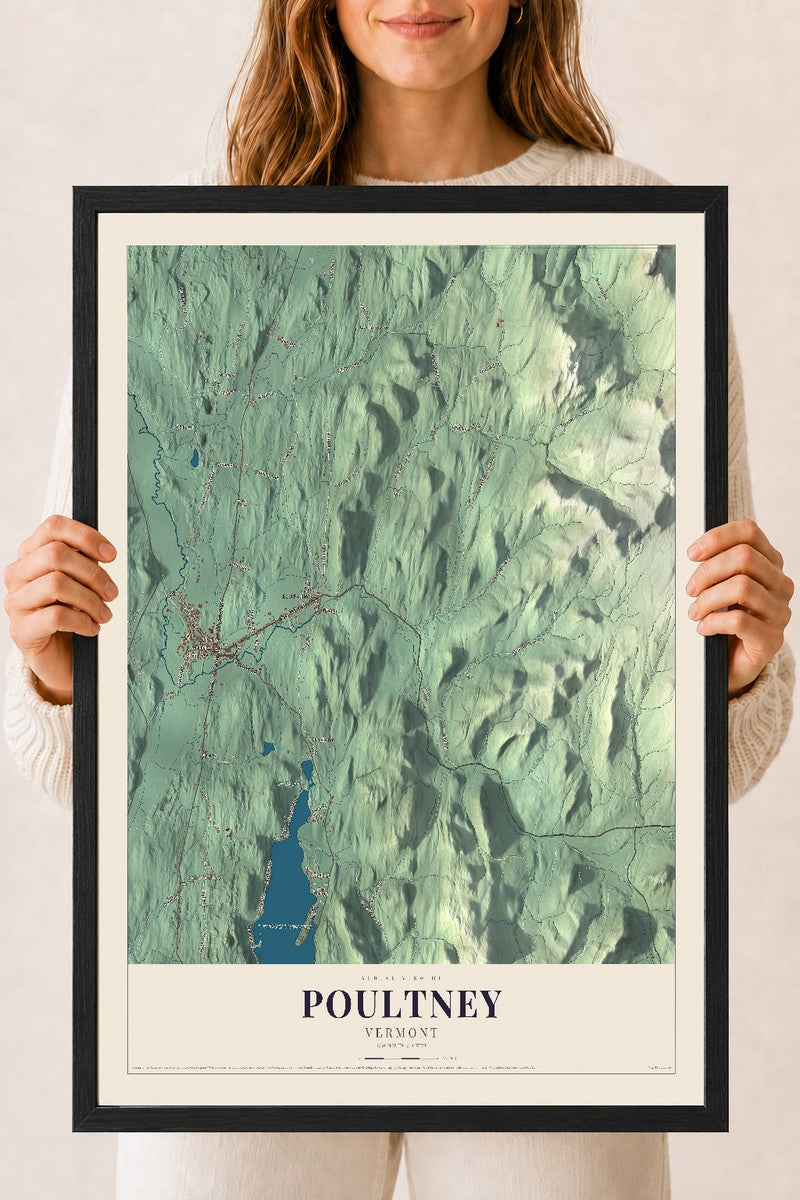 Poultney, Vermont map print - 18 x 24 black Ayous wood frame