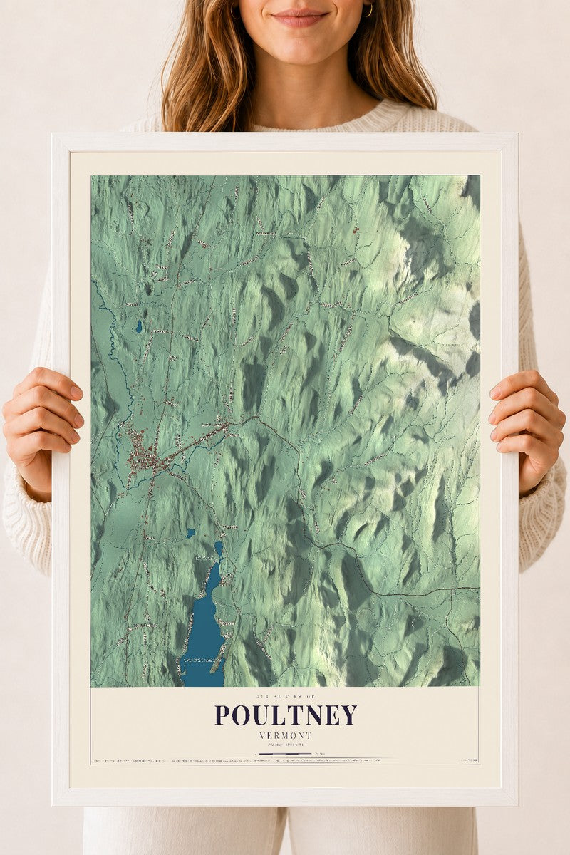 Poultney, Vermont map print - 18 x 24 white Ayous wood frame
