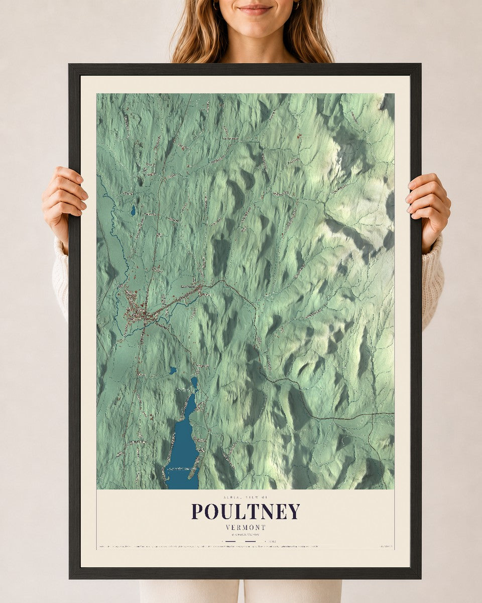 Poultney, Vermont map print - 24 x 36 black Ayous wood frame