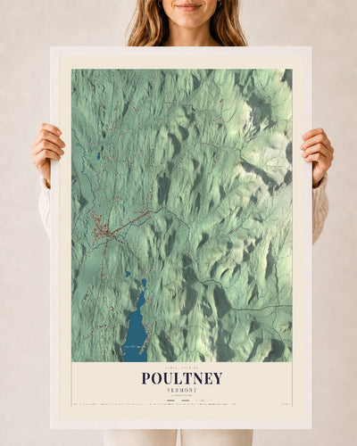 Poultney, Vermont map print - 24 x 36 white Ayous wood frame