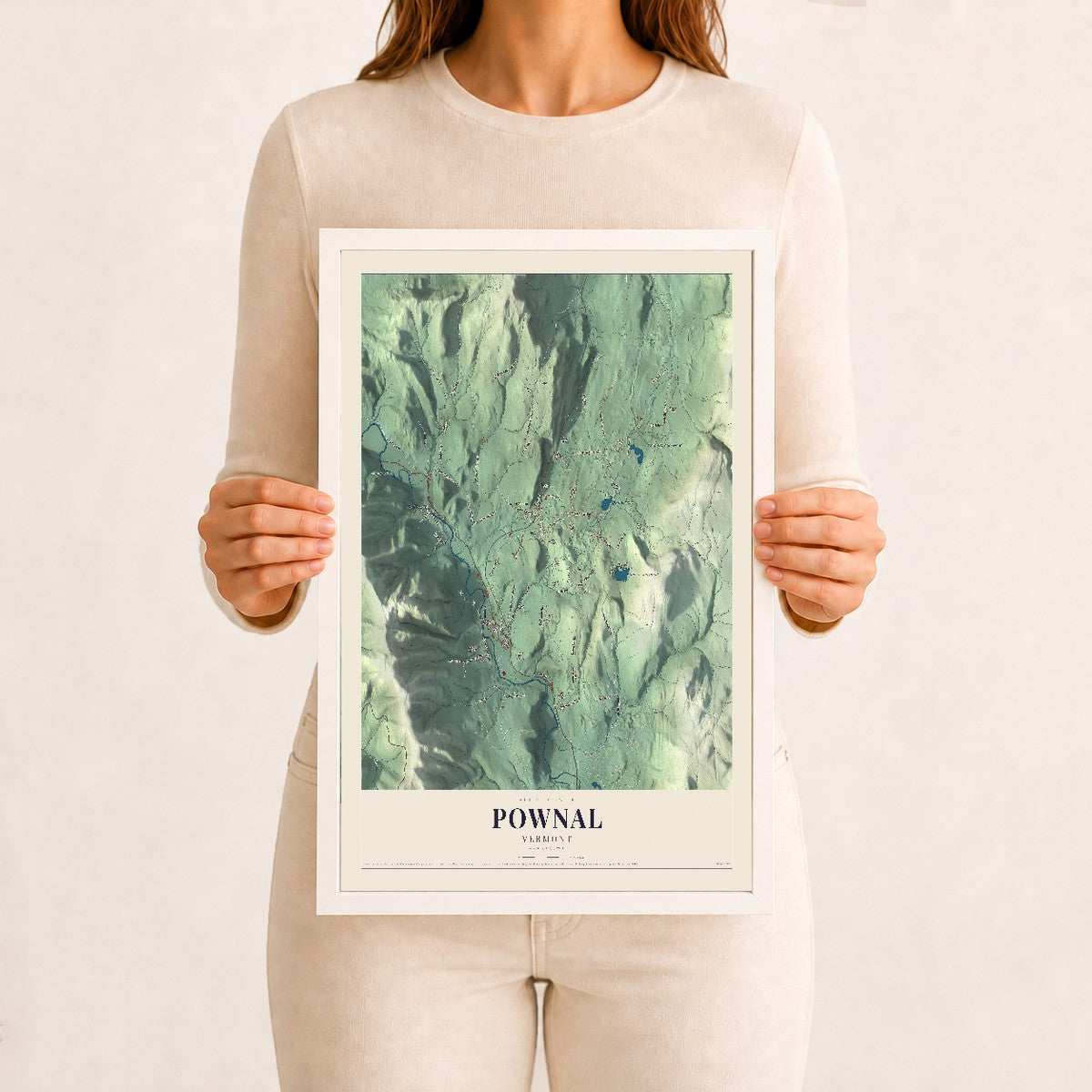Pownal, Vermont map print - 12 x 18 white Ayous wood frame