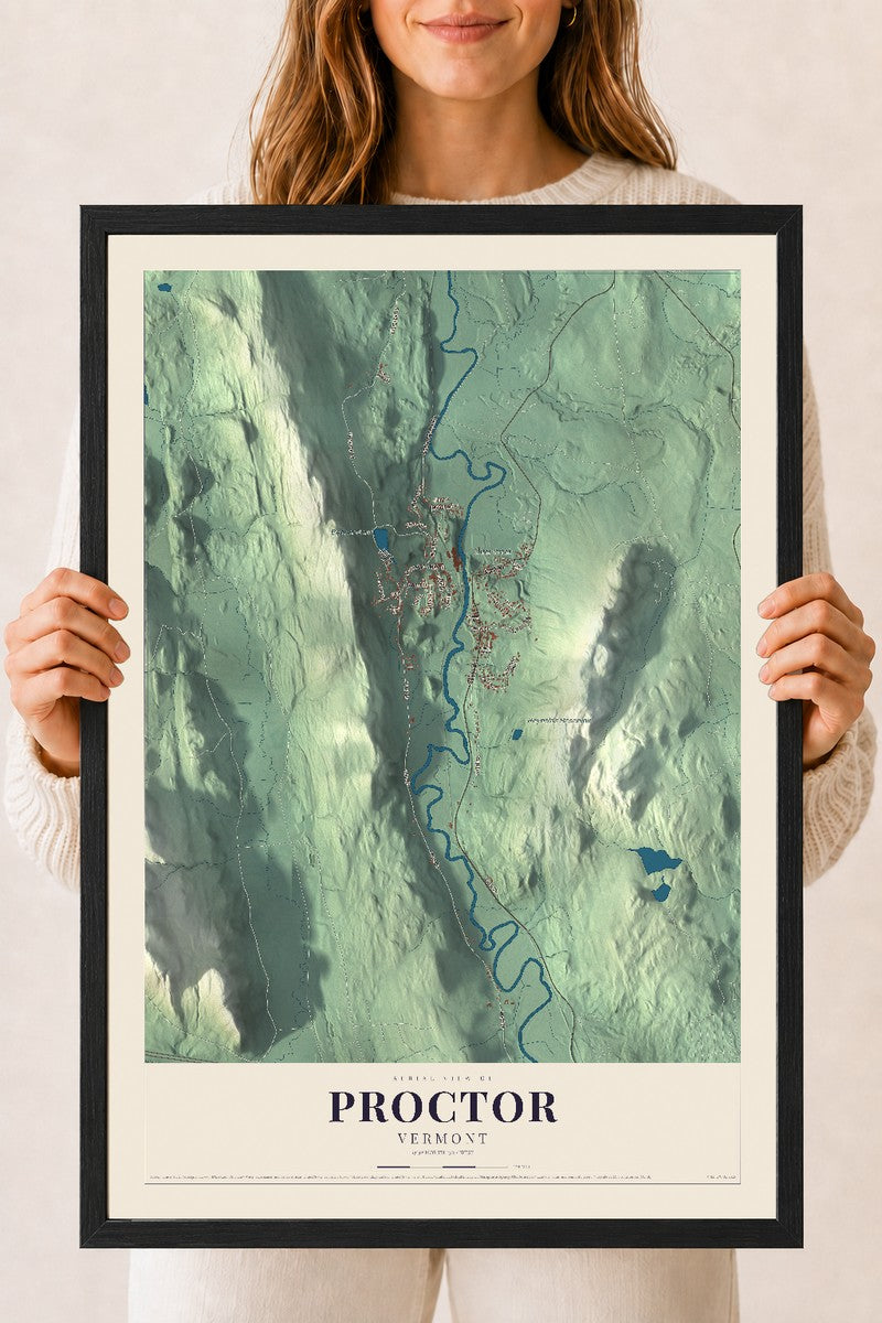 Proctor, Vermont map print - 18 x 24 black Ayous wood frame