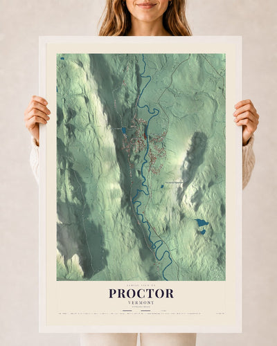 Proctor, Vermont map print - 24 x 36 white Ayous wood frame