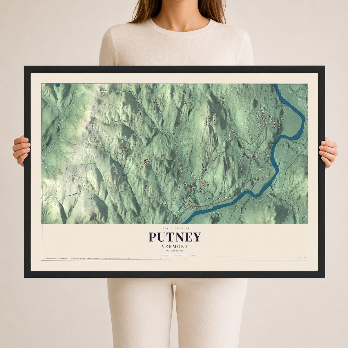 Map of Putney, Vermont, 24 x 36 inch print in a black wood frame