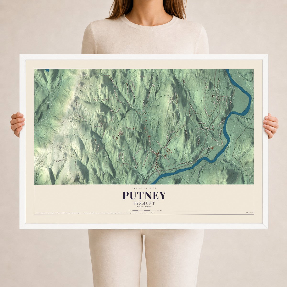Map of Putney, Vermont, 24 x 36 inch print in a white wood frame