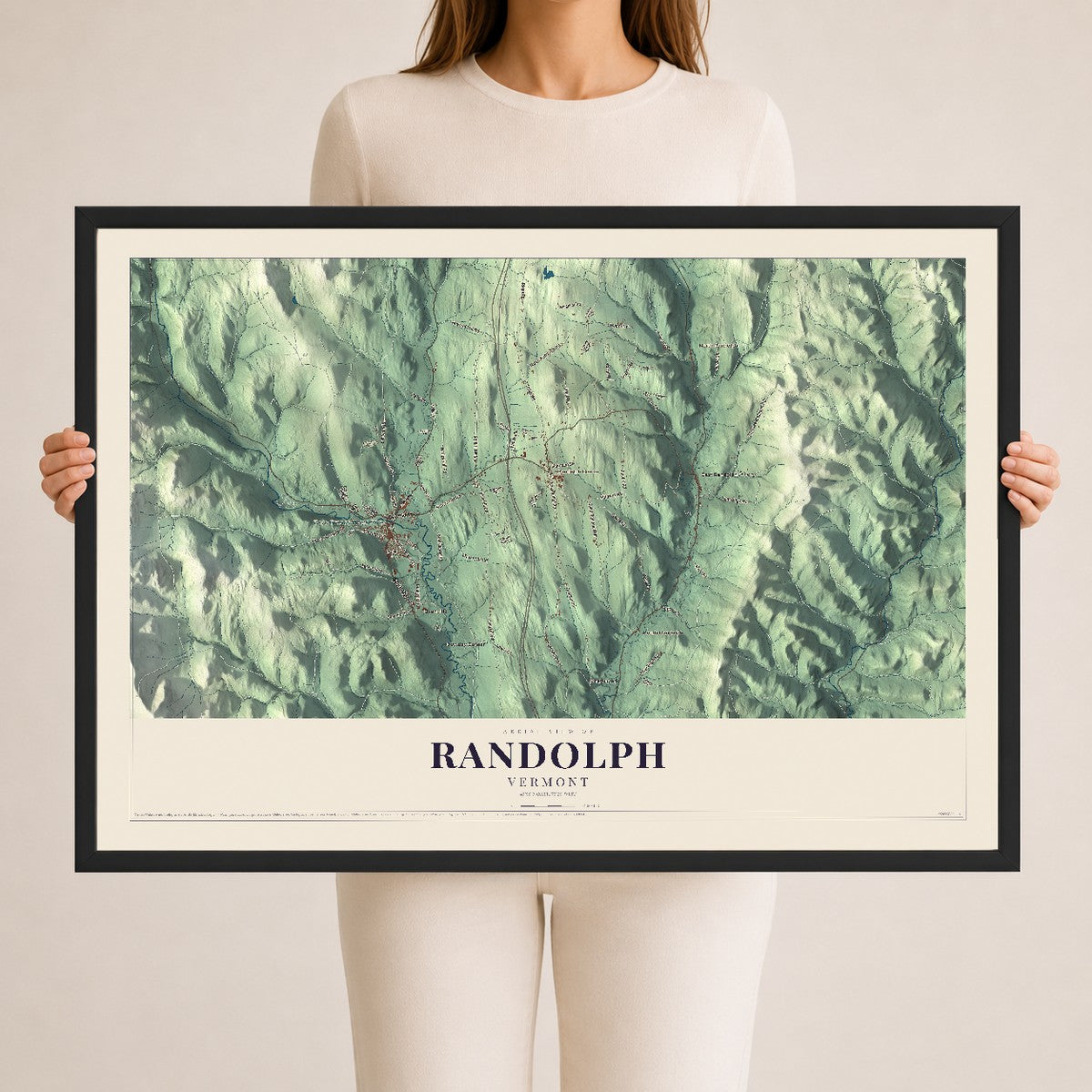 Map of Randolph, Vermont, 24 x 36 inch print in a black wood frame
