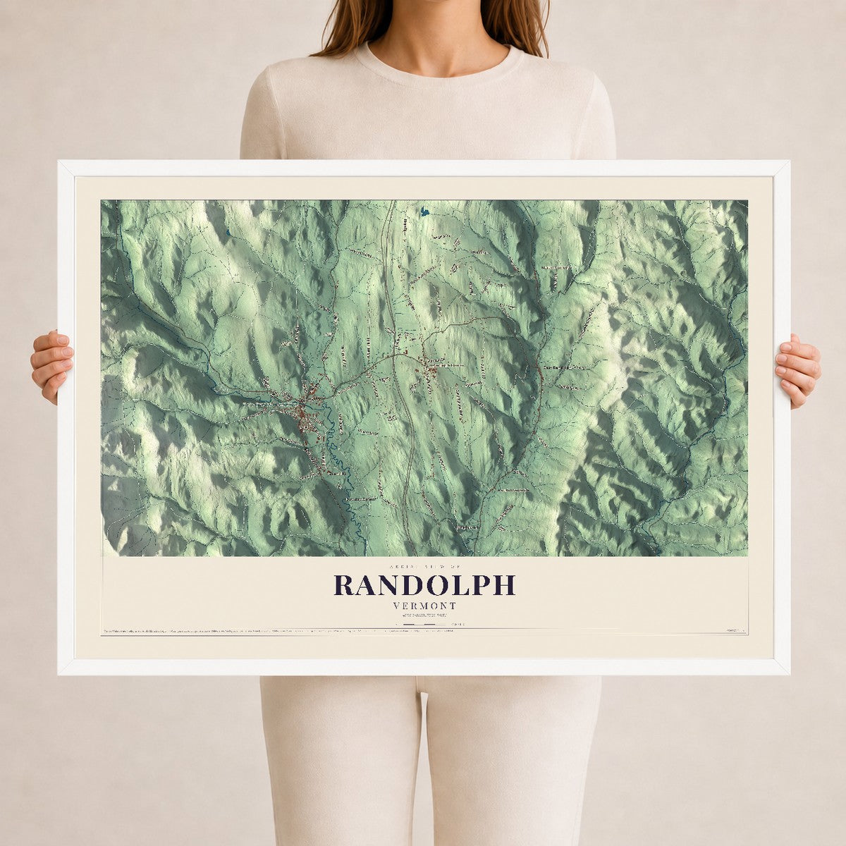 Map of Randolph, Vermont, 24 x 36 inch print in a white wood frame