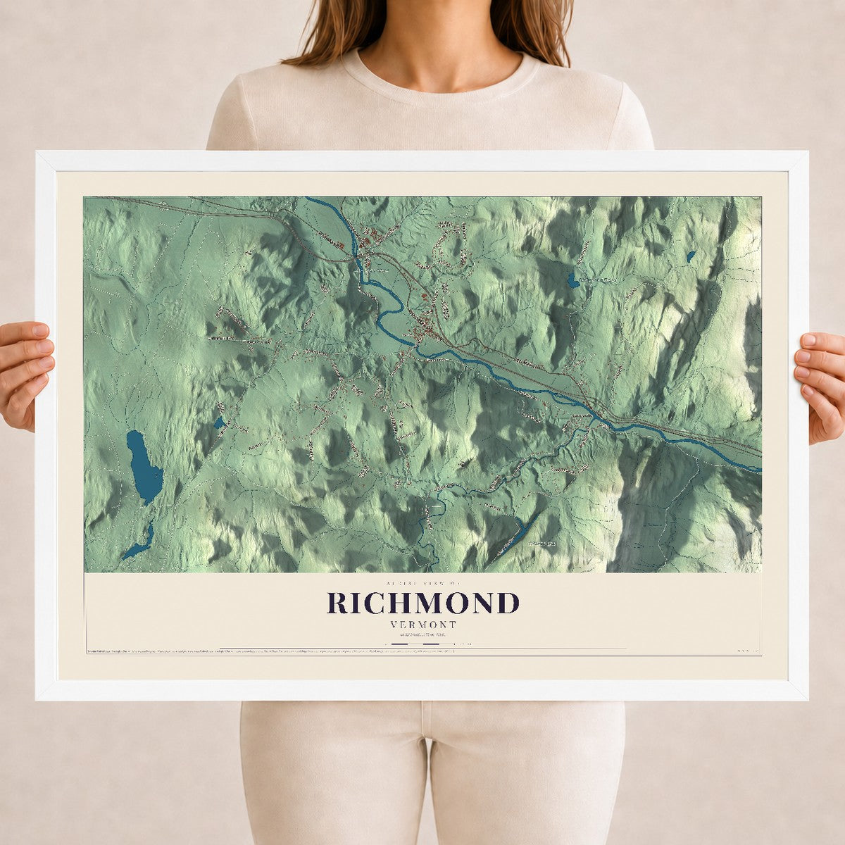 Map of Richmond, Vermont, 18 x 24 inch print in a white wood frame
