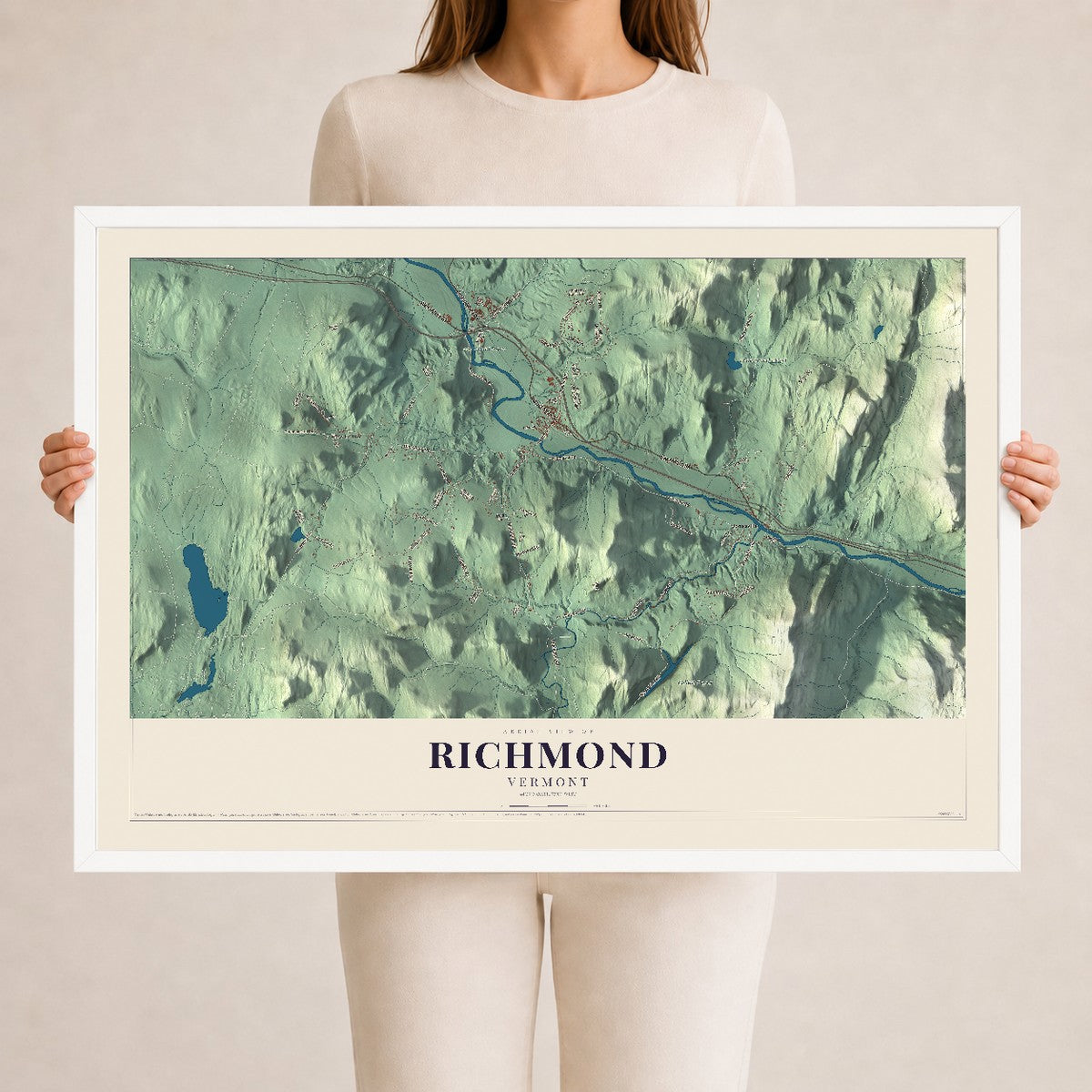 Map of Richmond, Vermont, 24 x 36 inch print in a white wood frame