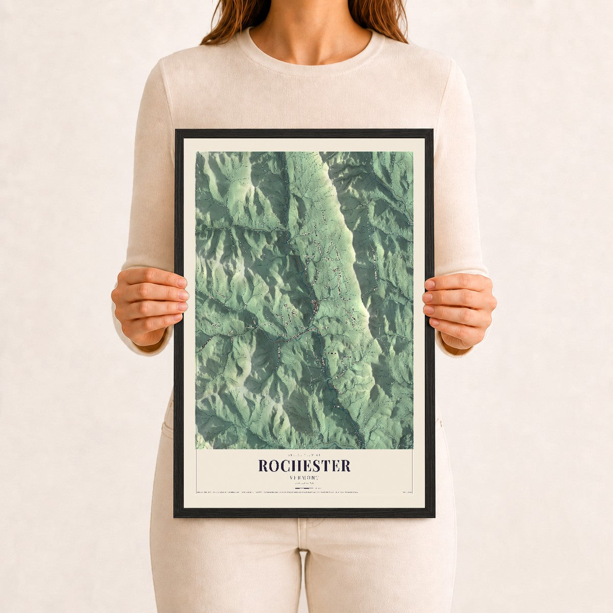 Rochester, Vermont map print - 12 x 18 black Ayous wood frame