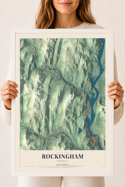 Rockingham, Vermont map print - 18 x 24 white Ayous wood frame