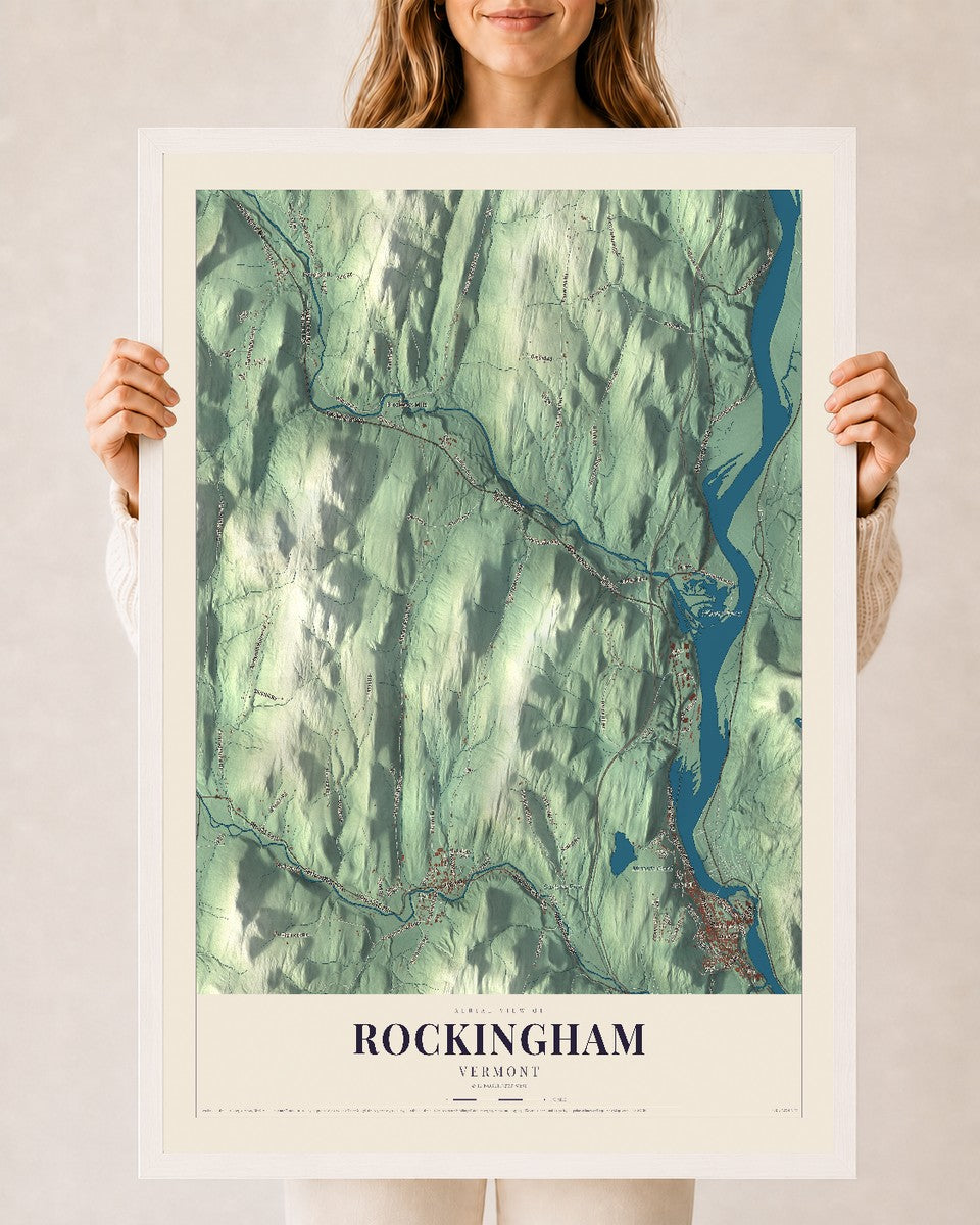 Rockingham, Vermont map print - 24 x 36 white Ayous wood frame