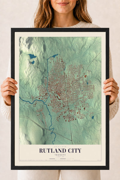 Rutland City, Vermont map print - 18 x 24 black Ayous wood frame