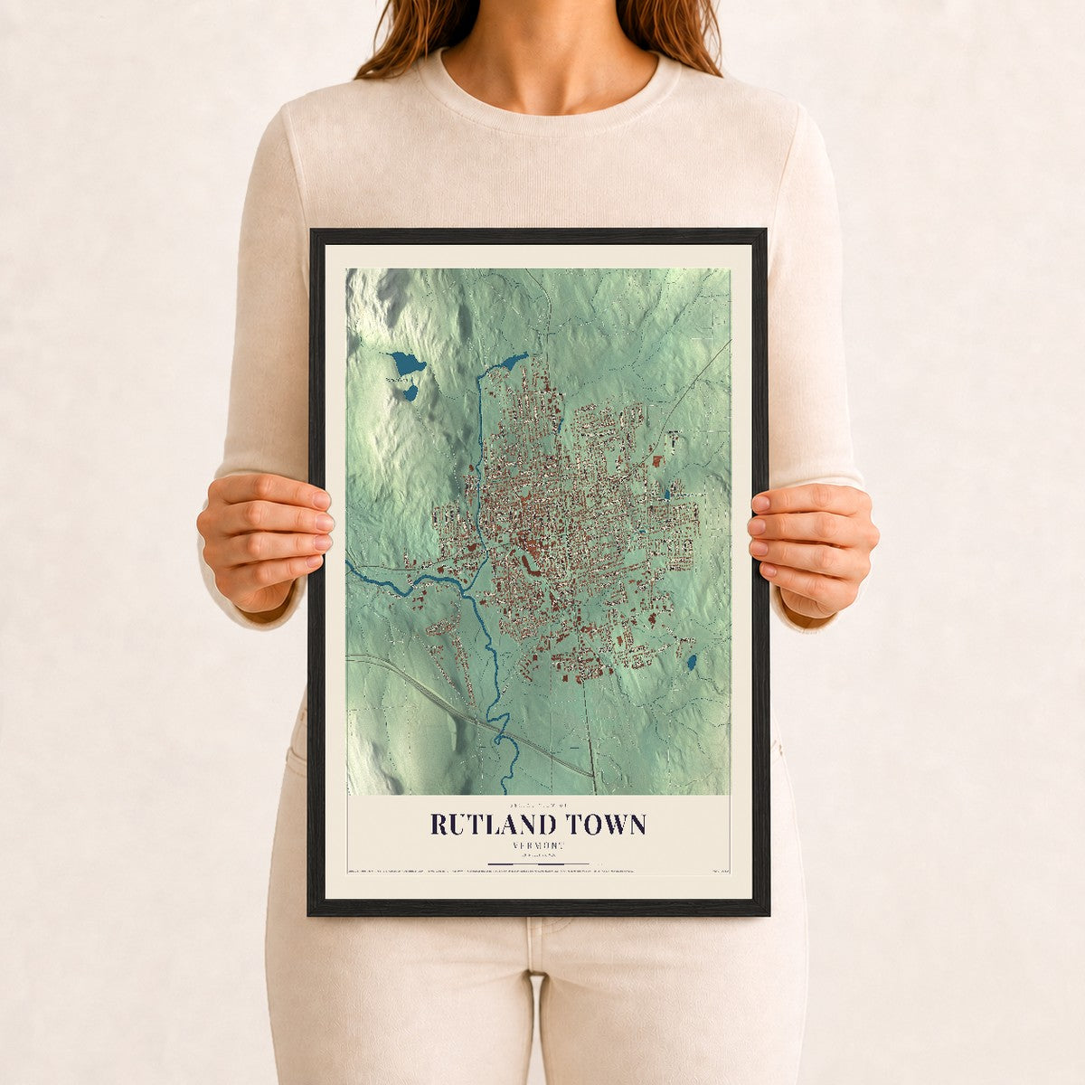 Rutland Town, Vermont map print - 12 x 18 black Ayous wood frame