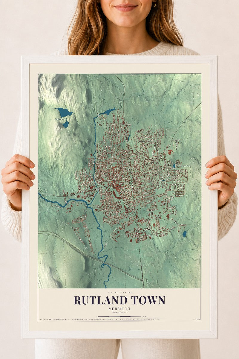 Rutland Town, Vermont map print - 18 x 24 white Ayous wood frame