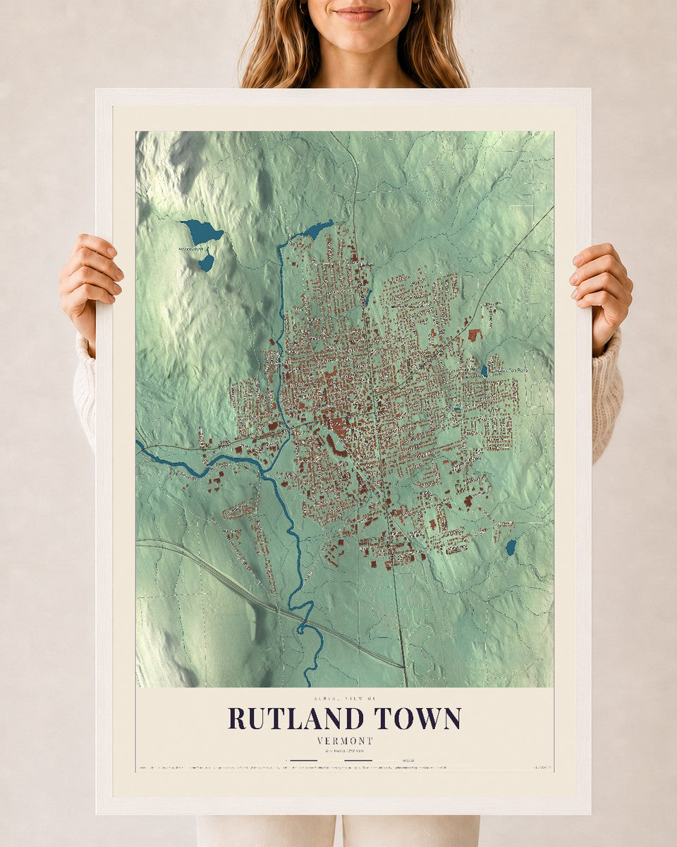 Rutland Town, Vermont map print - 24 x 36 white Ayous wood frame