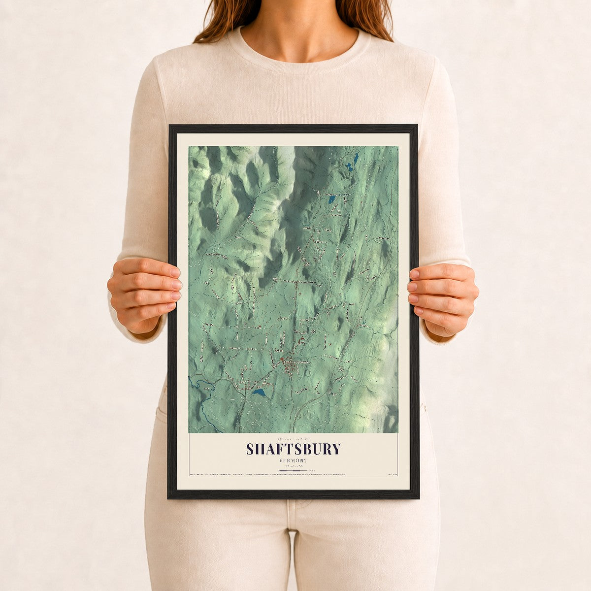 Shaftsbury, Vermont map print - 12 x 18 black Ayous wood frame
