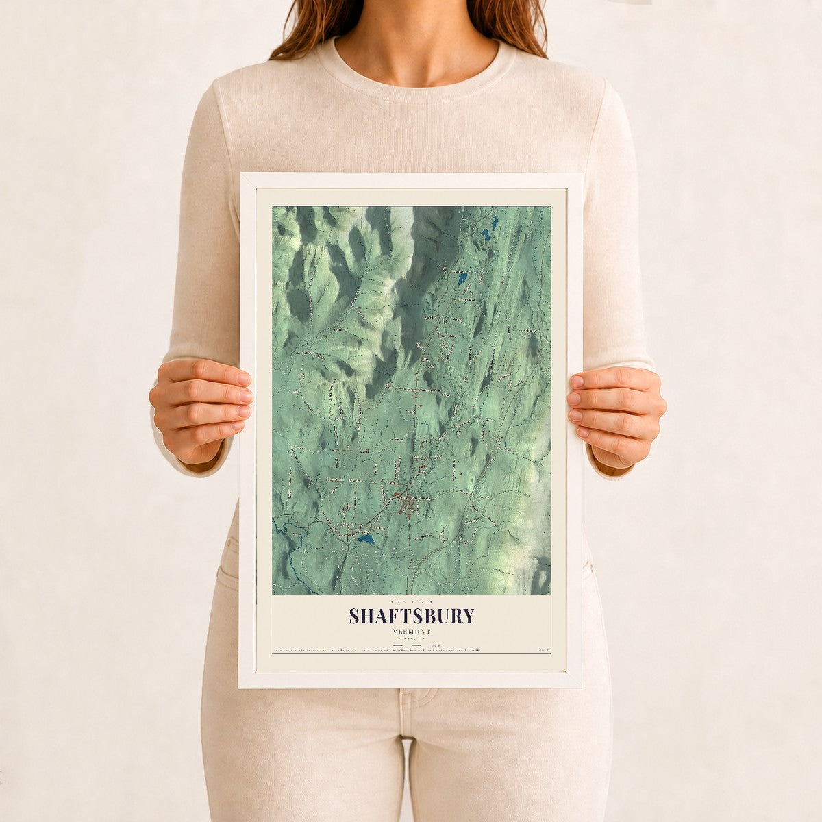 Shaftsbury, Vermont map print - 12 x 18 white Ayous wood frame
