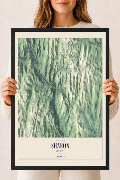 Sharon, Vermont map print - 18 x 24 black Ayous wood frame