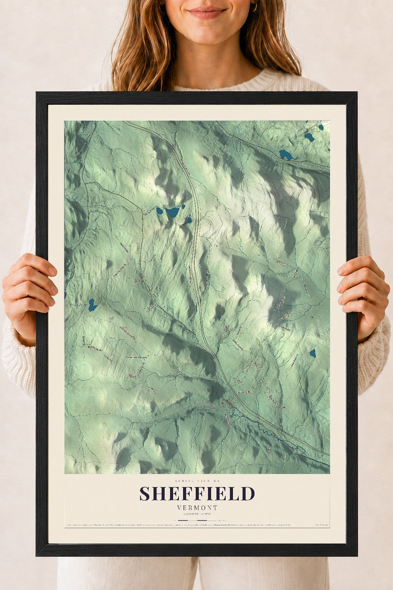 Sheffield, Vermont map print - 18 x 24 black Ayous wood frame