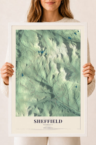 Sheffield, Vermont map print - 18 x 24 white Ayous wood frame