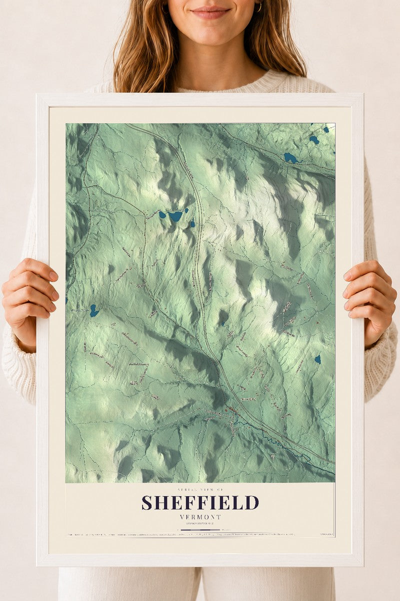 Sheffield, Vermont map print - 18 x 24 white Ayous wood frame