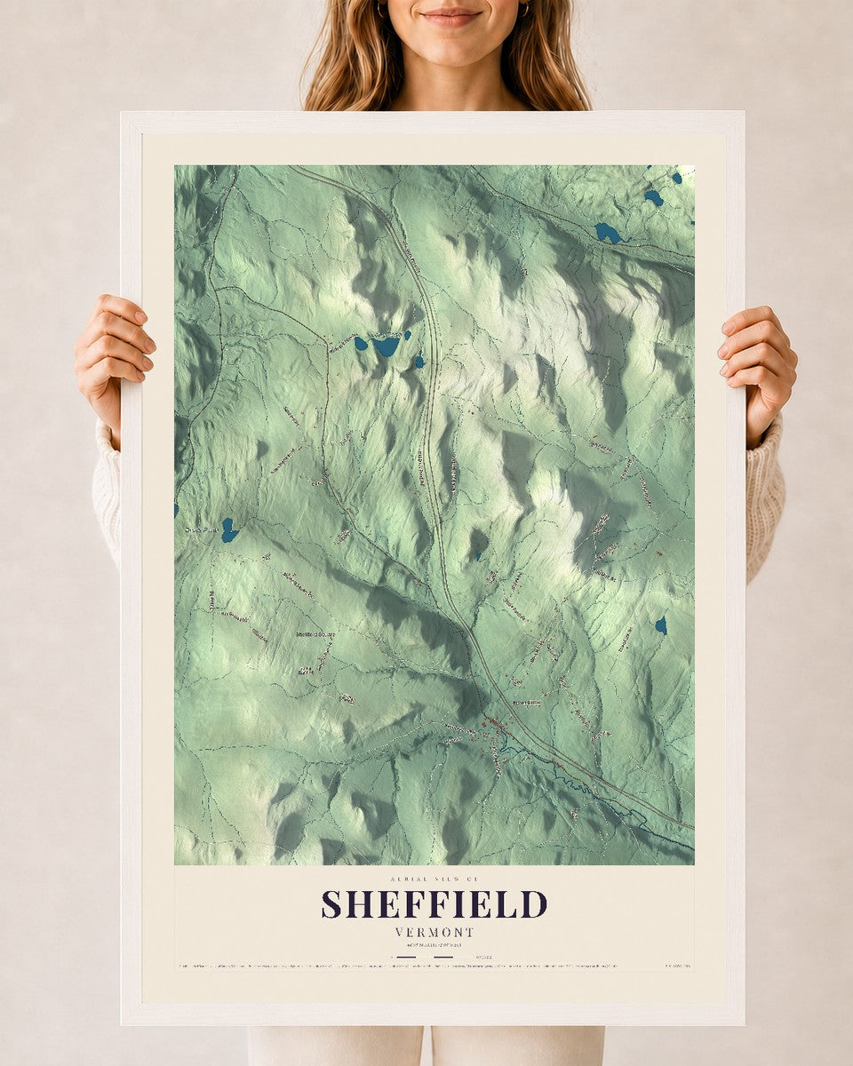 Sheffield, Vermont map print - 24 x 36 white Ayous wood frame