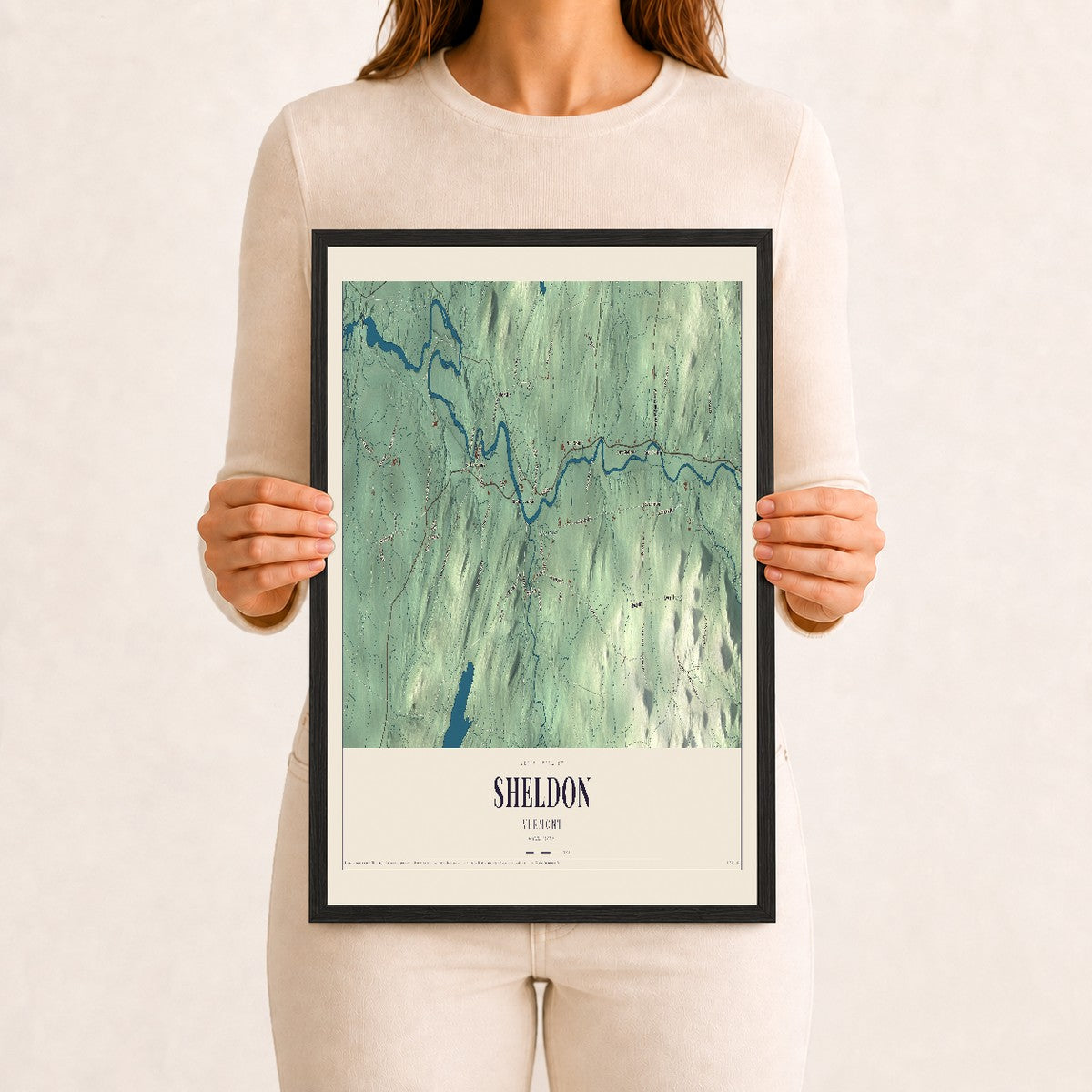 Sheldon, Vermont map print - 12 x 18 black Ayous wood frame