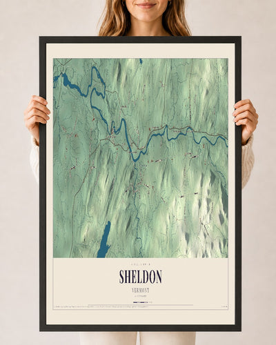 Sheldon, Vermont map print - 24 x 36 black Ayous wood frame
