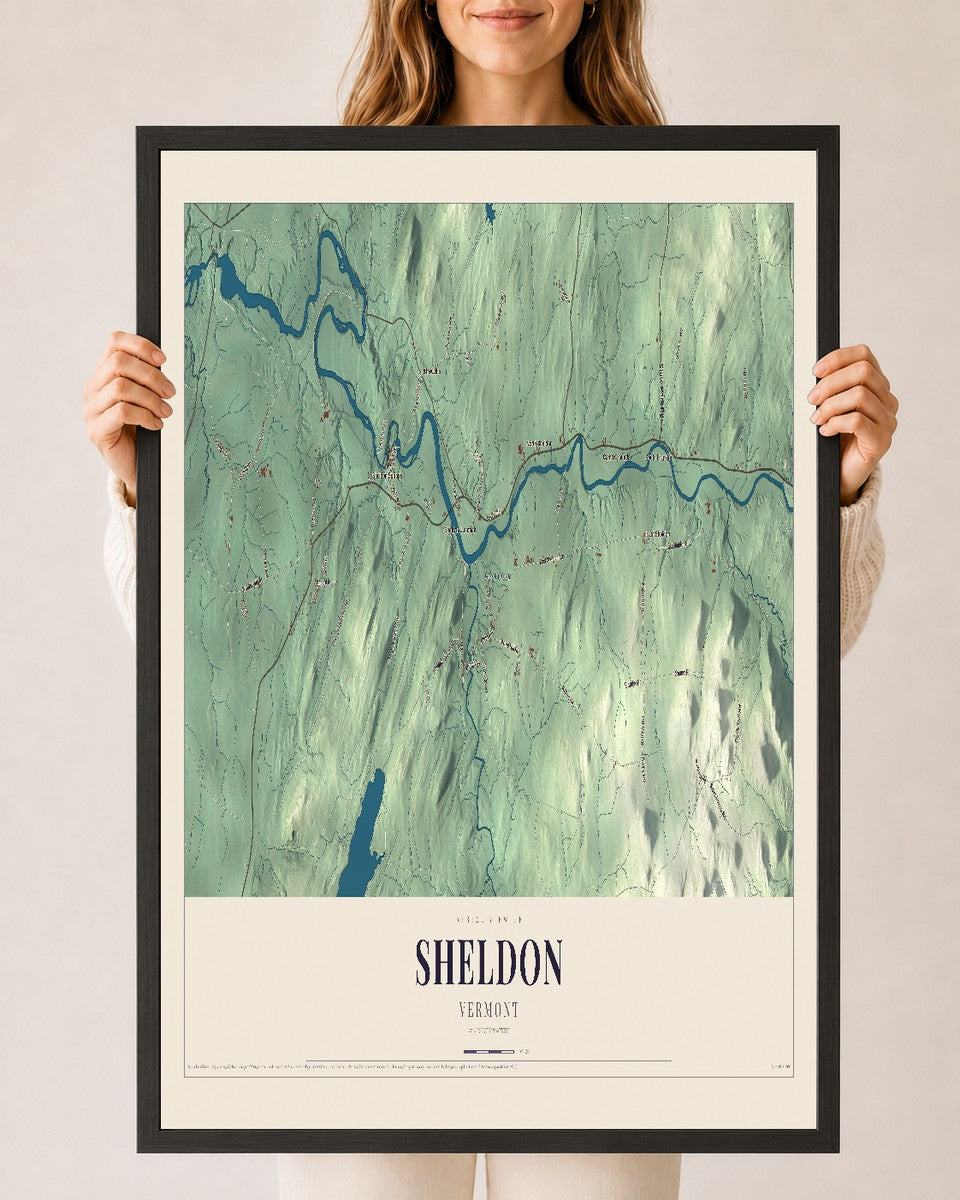 Sheldon, Vermont map print - 24 x 36 black Ayous wood frame