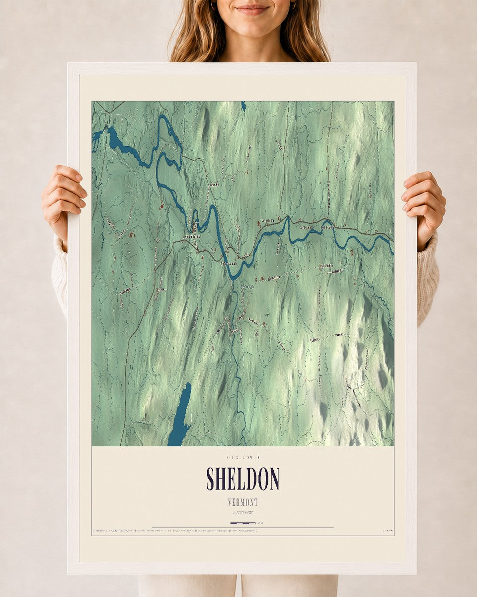 Sheldon, Vermont map print - 24 x 36 white Ayous wood frame