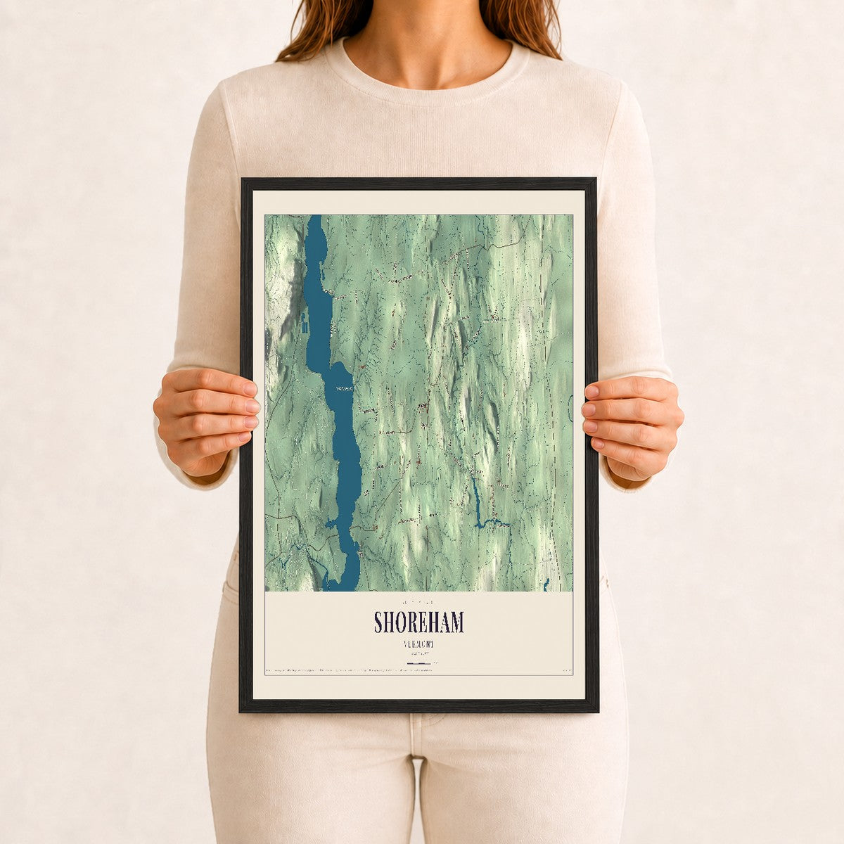 Shoreham, Vermont map print - 12 x 18 black Ayous wood frame