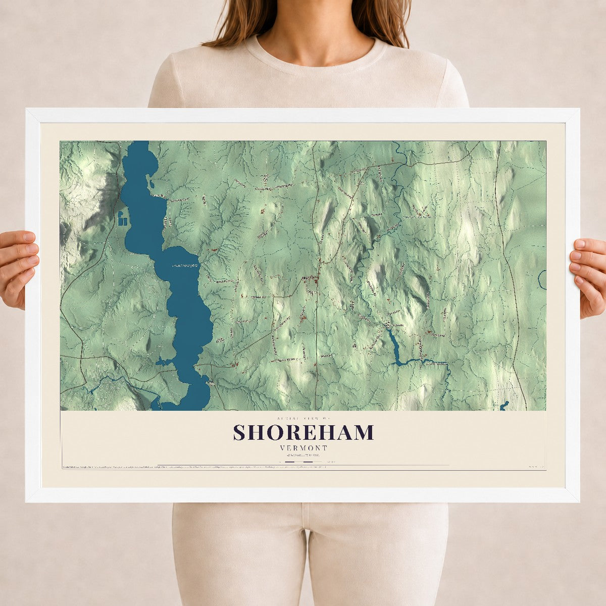 Map of Shoreham, Vermont, 18 x 24 inch print in a white wood frame