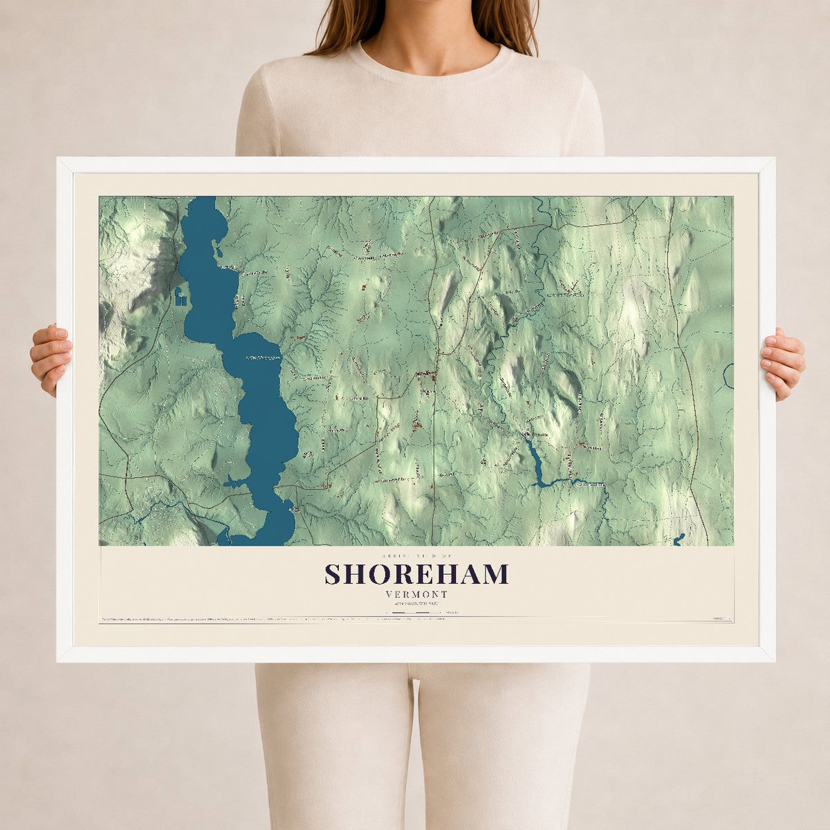 Map of Shoreham, Vermont, 24 x 36 inch print in a white wood frame