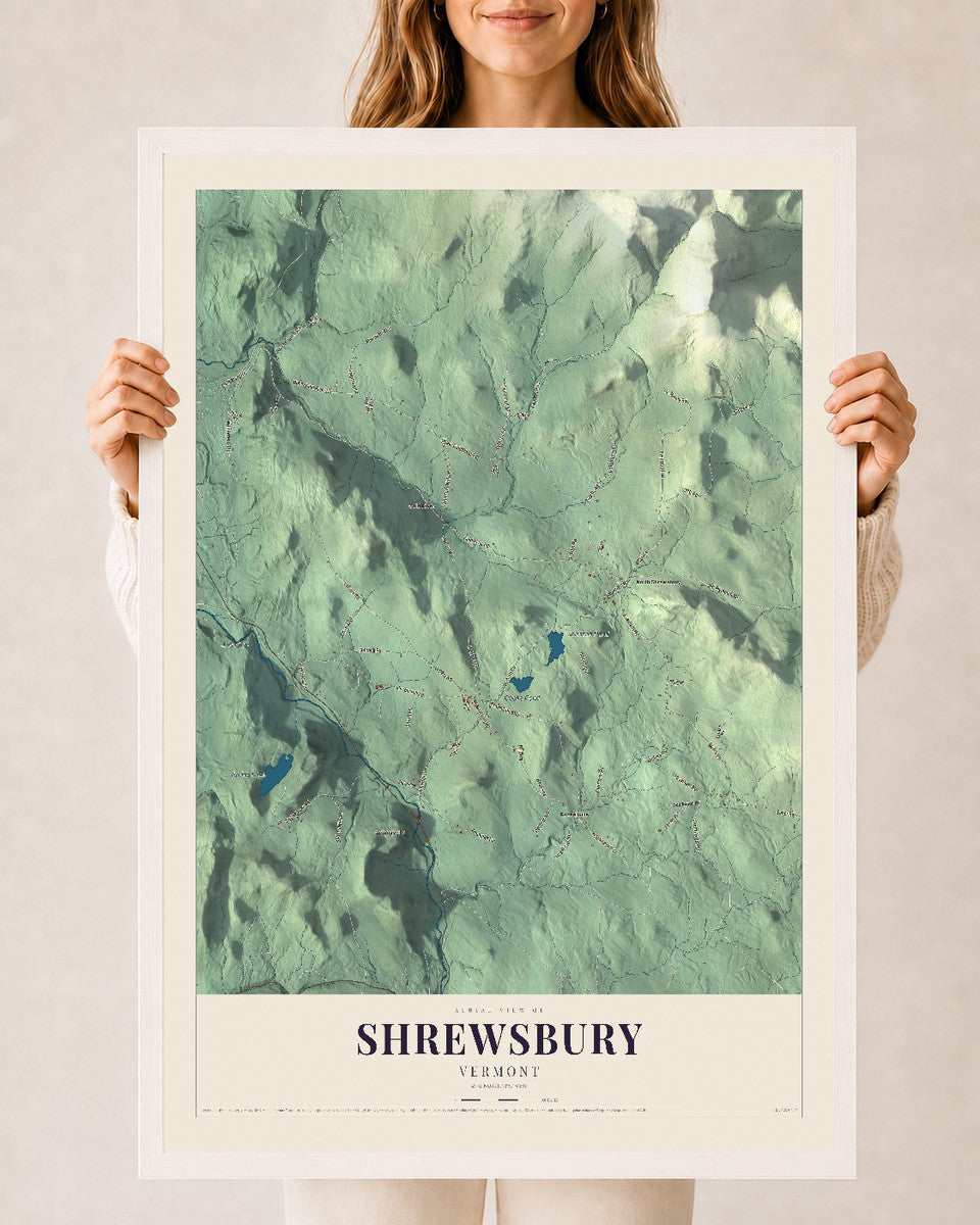 Shrewsbury, Vermont map print - 24 x 36 white Ayous wood frame