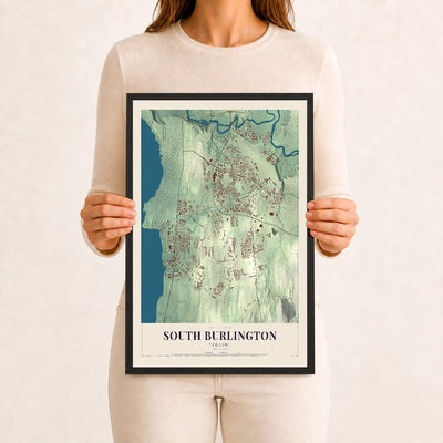 South Burlington, Vermont map print - 12 x 18 black Ayous wood frame