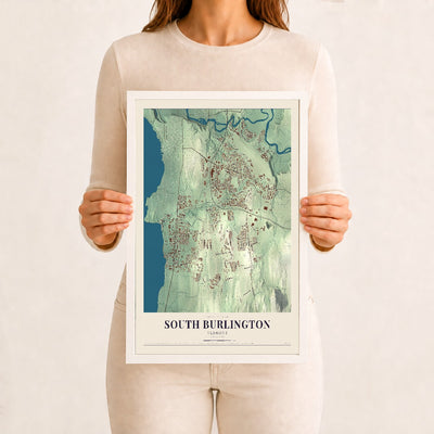 South Burlington, Vermont map print - 12 x 18 white Ayous wood frame