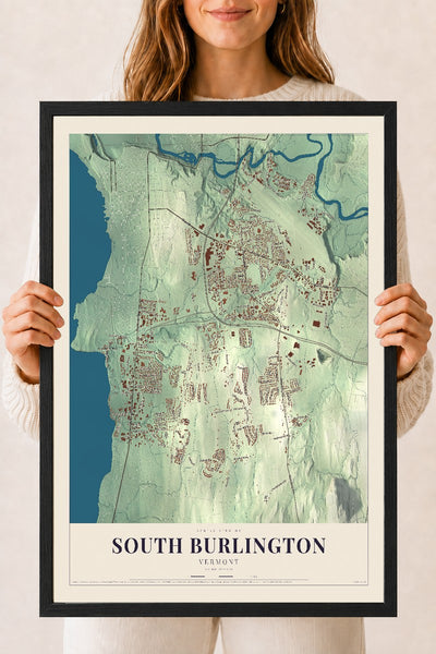 South Burlington, Vermont map print - 18 x 24 black Ayous wood frame