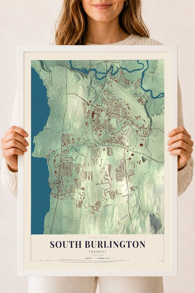 South Burlington, Vermont map print - 18 x 24 white Ayous wood frame