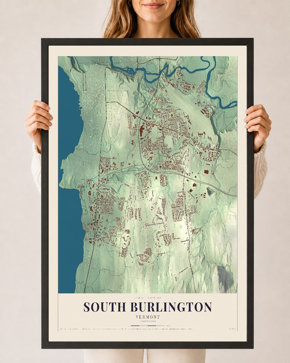 South Burlington, Vermont map print - 24 x 36 black Ayous wood frame